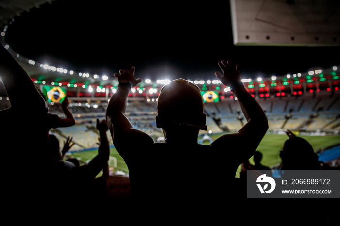 Football, soccer fan support their team and celebrate goal, score, victory. Black silhouette.