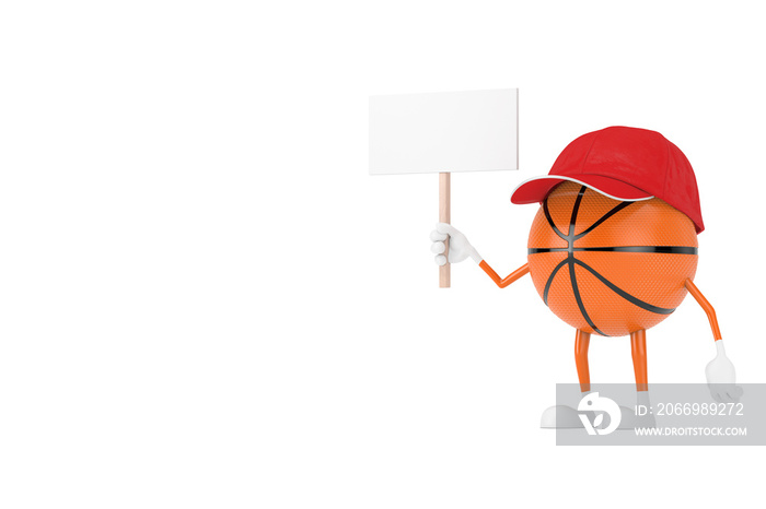 Cute Cartoon Toy Basketball Ball Sports Mascot Person Character with Empty White Blank Banner with Free Space for Your Design. 3d Rendering