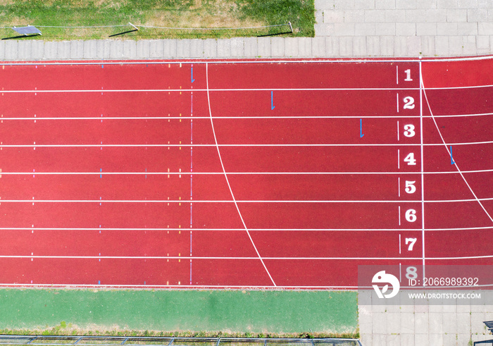 Aerial view of an athletics track finish line