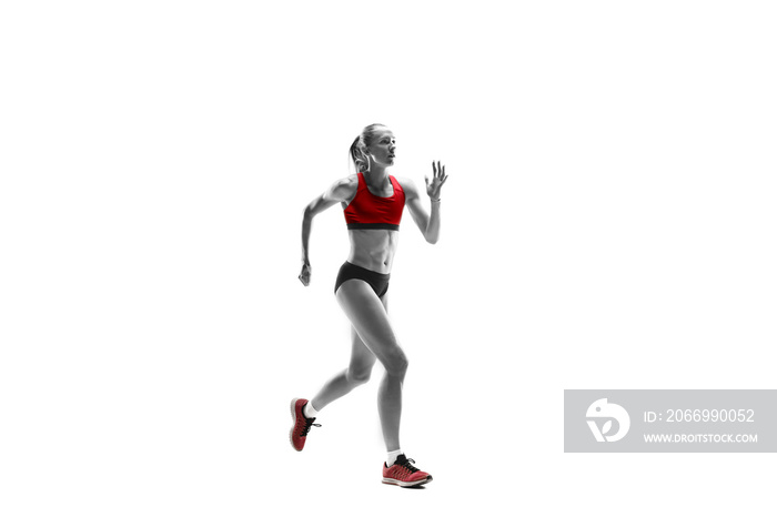 The one caucasian female silhouette of runner running and jumping on white studio background. The sprinter, jogger, exercise, workout, fitness, training, jogging concept.