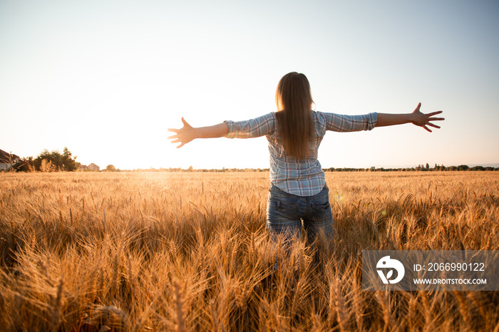 Peaceful woman wellcoming the rising sun in field