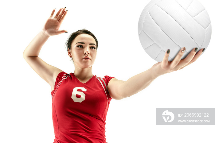 Female professional volleyball player isolated on white with ball. The athlete, exercise, action, sport, healthy lifestyle, training, fitness concept