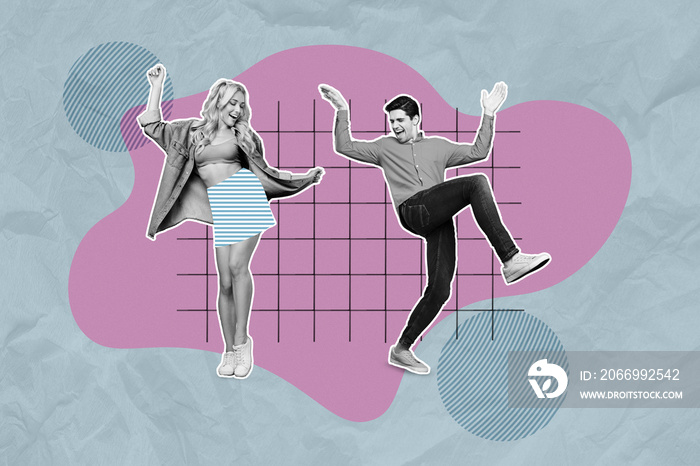 Composite collage illustration of two excited overjoyed people black white colors dancing partying isolated on drawing background