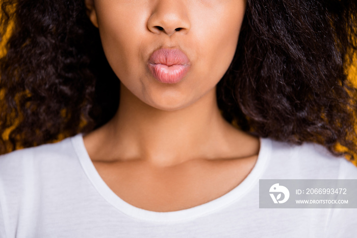 Cropped close-up portrait of her she nice attractive lovely flirty wavy-haired girl sending air kiss lips form correction isolated over bright vivid shine vibrant yellow color background