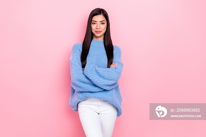 Portrait of attractive cheery content brunet girl folded arms isolated over pink pastel color background