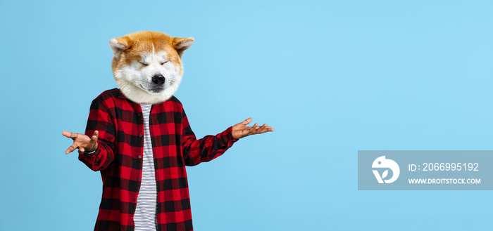 Contemporary artwork, conceptual collage. Young man, student in warm shirt headed by dog head isolated on blue background. Surrealism