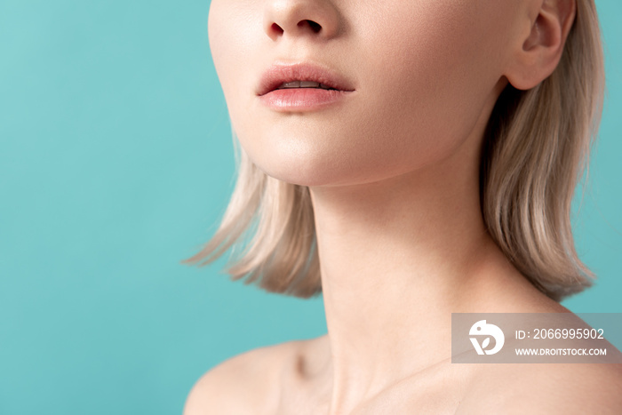 Close up of woman face and neck. Her pelt is groomed and without wrinkles. Copy space in left side. Isolated on blue background