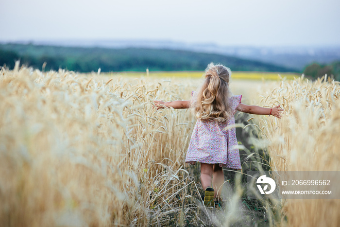 happy running girl on a wheat field in the sunlight