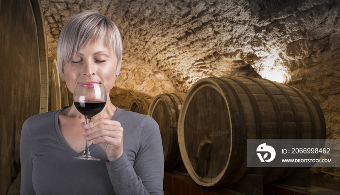 Outdoors portrait of a beautiful wine tasting tourist woman.