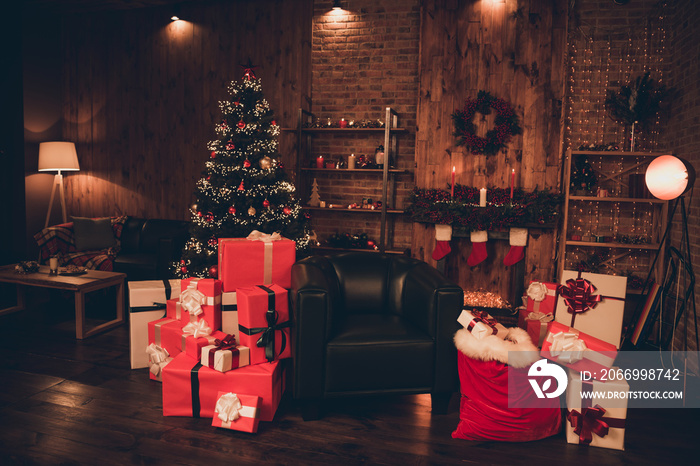 Photo of Santa’s living room pile stack gifts eve day advent tradition at home loft wooden brick industrial interior indoors