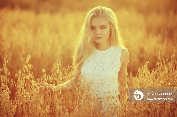 blonde long hair nature summer / happy adult girl with developing in the wind long blonde hair in the summer field