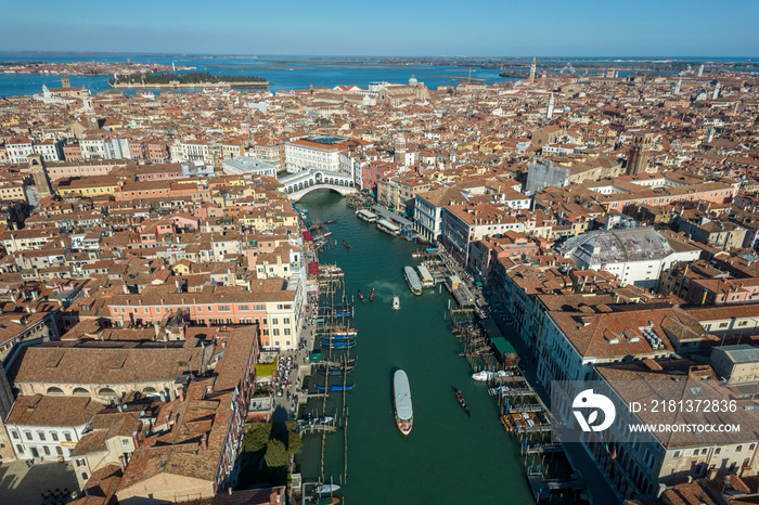 Italy, Veneto, Venice, Aerial view of Grand Canal and Rialto Bridge