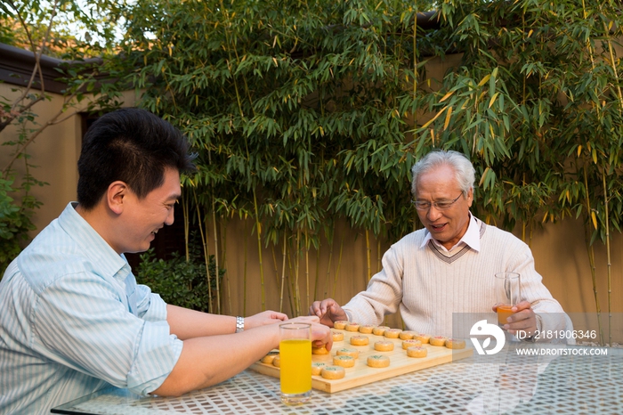 父子在院子里下棋