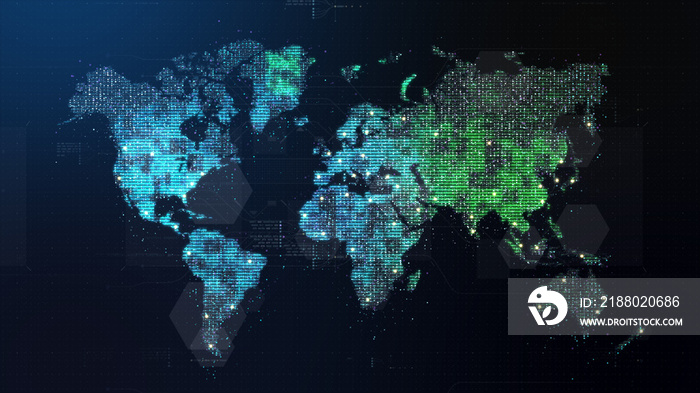 Futuristic global 5G worldwide communication via broadband internet connections between cities aroun