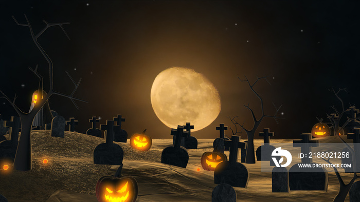 Scene Halloween Night background with pumpkins, ghost, graves on ground with big moon sky. 3D render