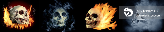 Collage of human skulls with flame and smoke on dark background