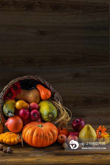 Thanksgiving day background with empty copy space. Pumpkin harvest in wicker basket. Squash, orange 