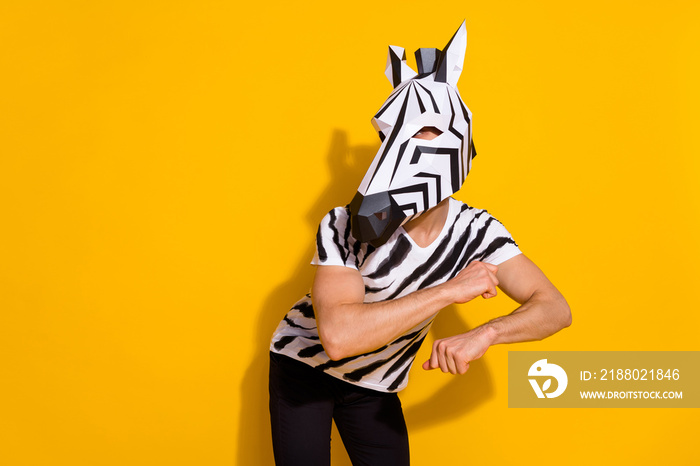Photo of energetic weird incognito guy in zebra costume dancing isolated over bright yellow color ba