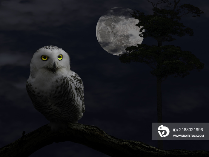 Illustration of the owl with big glowing yellow eyes sitting on a tree branch in the full moon night