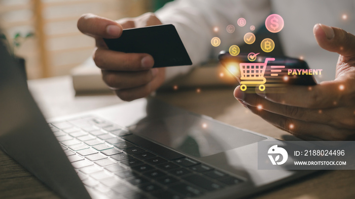 Shopping online payment concept. Man hand using smart phone with cart delivery icon, banking and onl