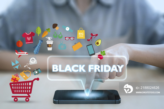 Woman using smart phone pressing button black friday icon. concept shopping online.