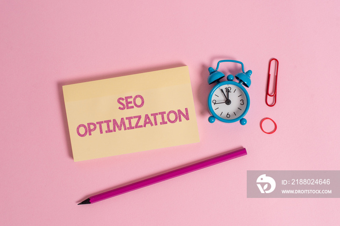 Word writing text Seo Optimization. Business photo showcasing process of affecting online visibility