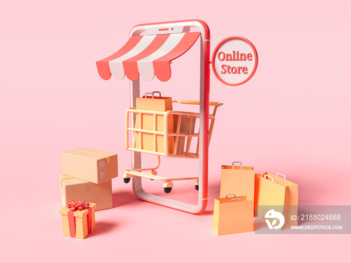 3D Illustration. Smartphone with a shopping cart and bags.