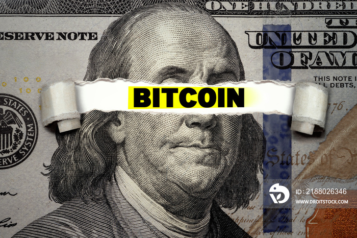 Torn bills revealing BITCOIN words. Ideas for blockchain technology and traditional currency, Stable
