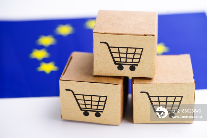 Box with shopping cart logo and The European Union (EU) flag : Import Export Shopping online or eCom