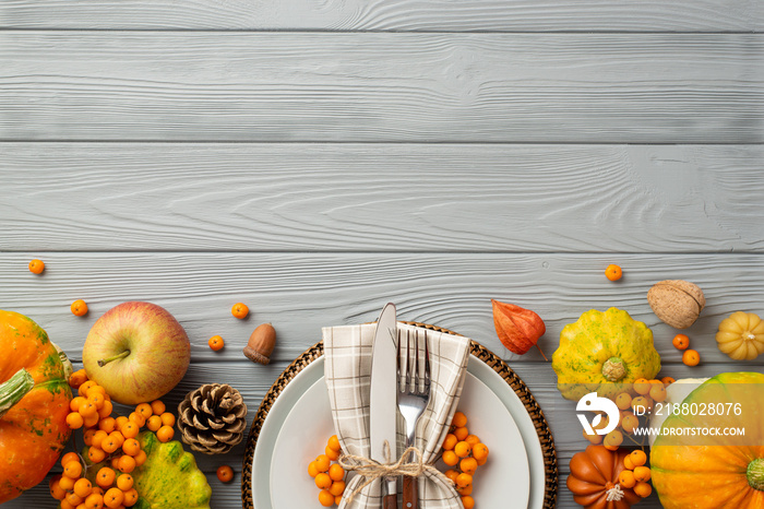 Thanksgiving day concept. Top view photo of plate knife fork napkin rowan vegetables pumpkins pattyp