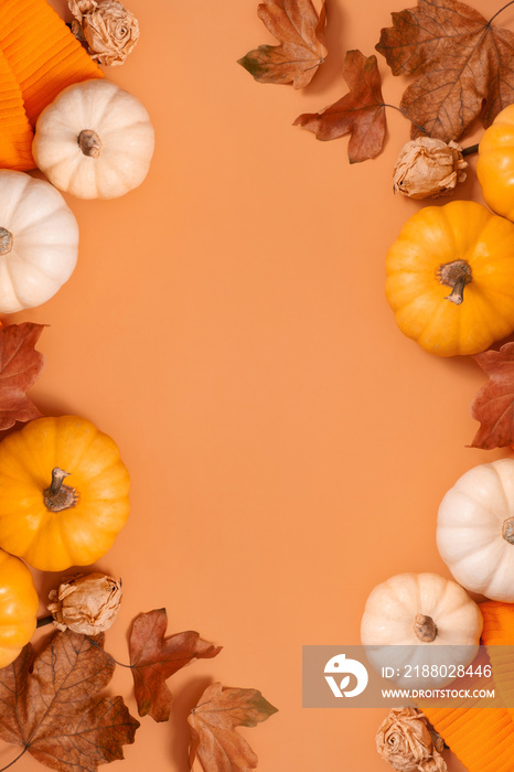 Autumn flat lay composition with pumpkins and fallen leaves and sweater with space for text. Vertica