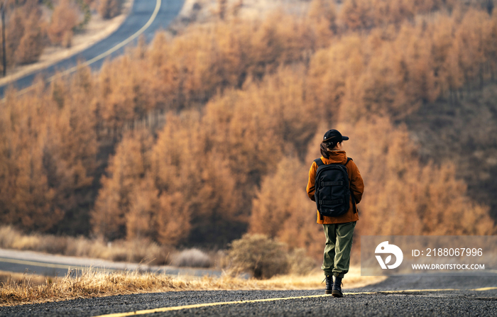 年轻女子户外徒步旅行的背影