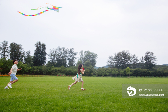 快乐的东方儿童在草地上放风筝