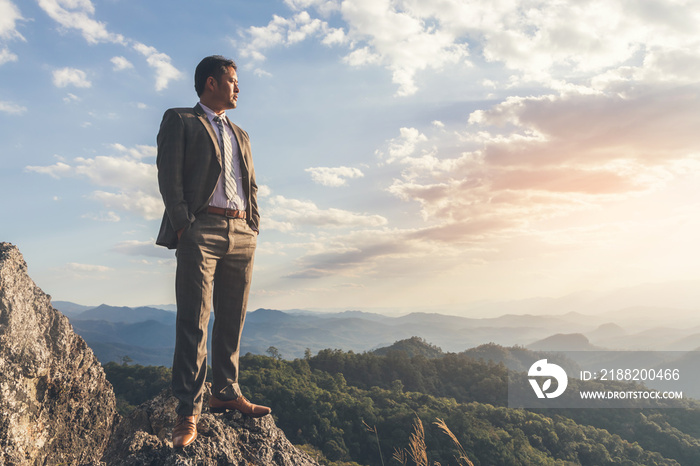 Successful businessman in business suit standing and looking sunset on top rock mountain background,  competition and leadership concept.