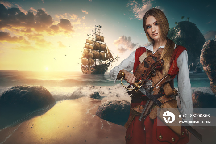 Shot of pirate woman dressed in costume on coast of tropical island.