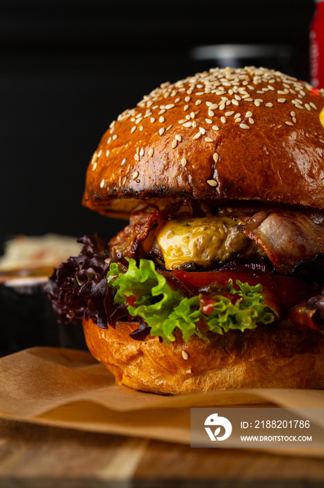 Close up of American burger on black table food