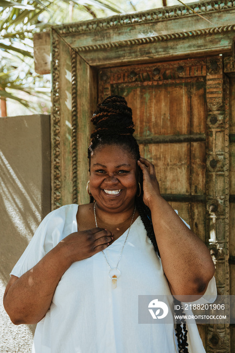 plus size African American woman smiling looking at camera