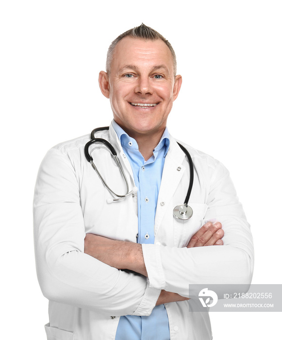 Handsome middle-aged doctor on white background