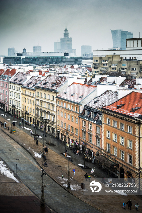 Warsaw rooftops in winter with Palace of Culture in the background