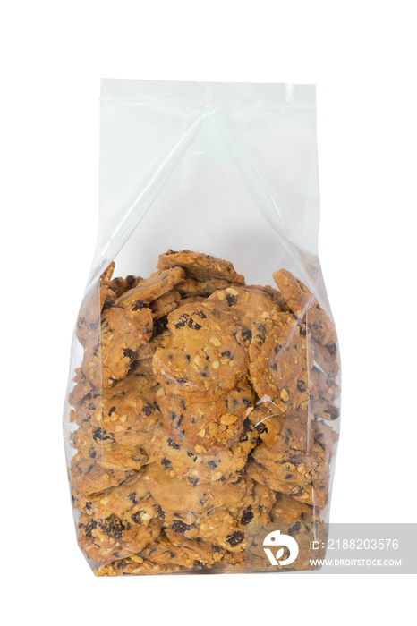 Cookies homemade in plastic wrap package isolate on white background.