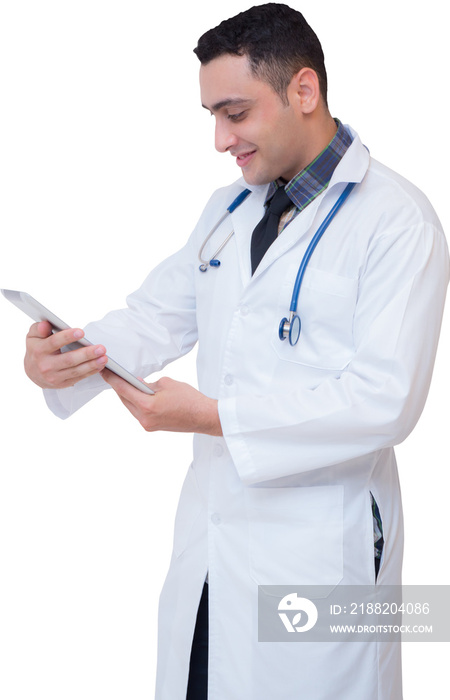 Portrait doctor man holding tablet computer isolated png transparent file.