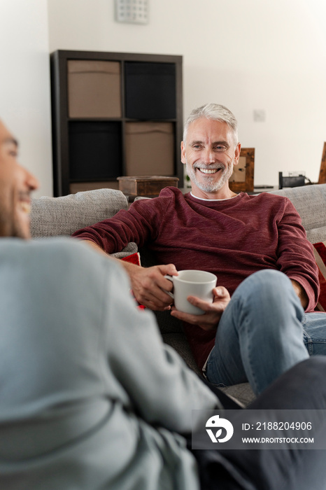 Smiling male couple relaxing on sofa at home