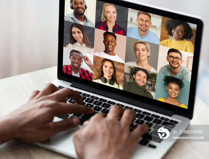 Video Conference. Man Having Online Web Chat With Diverse Multiethnic People, Collage