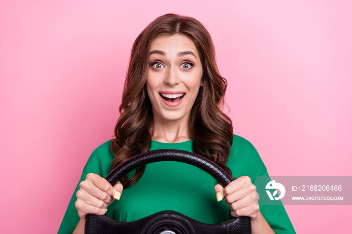 Close up photo of overjoyed positive lady wear green stylish clothes rejoice new car repaired road isolated on pink color background