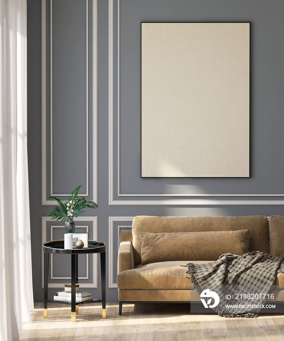 3D render of mock up white blank picture frame on luxury gray wall with classic white wall moulding. A comfy couch and side table next to window, Morning sunlight, Wooden floor, Modern, Interior.