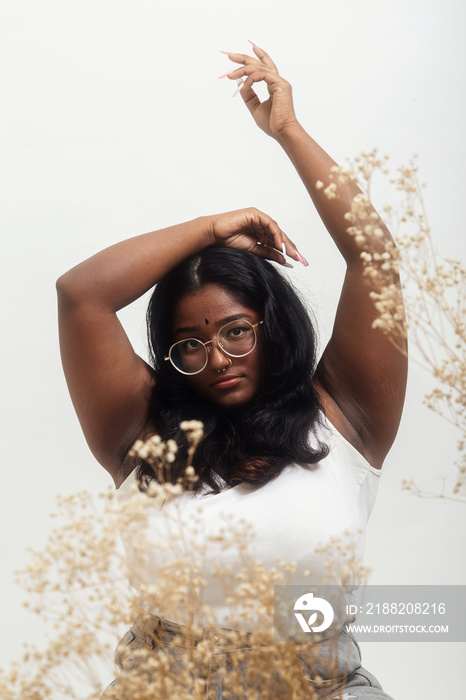 South Asian female solo lifestyle studio portrait shot