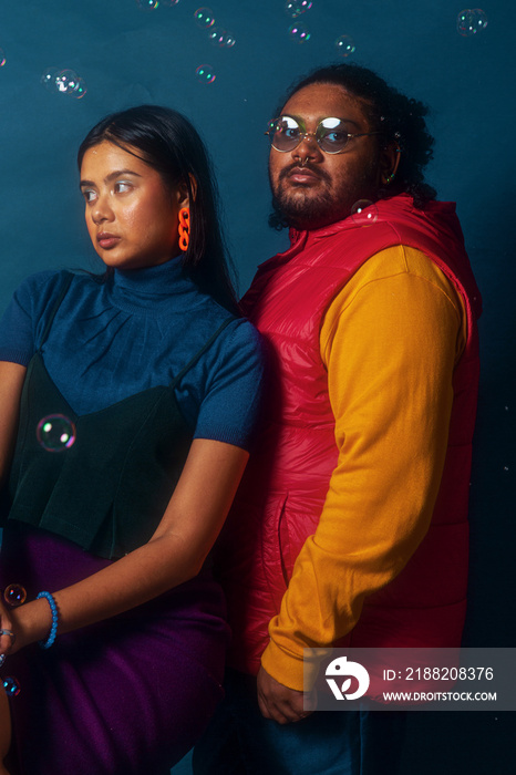 Duo fashion colour blocked studio portrait