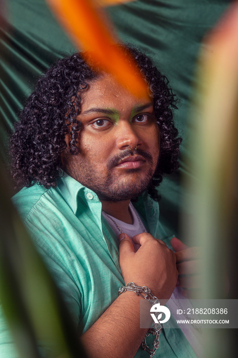 Asian individual fashion colour-blocked studio portrait