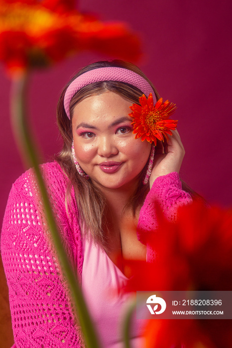 Asian female colour blocked fashion studio portrait