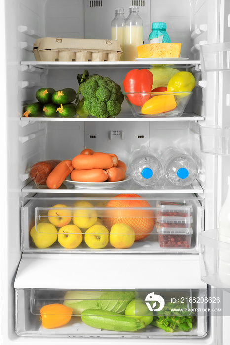 Refrigerator with fresh products, closeup